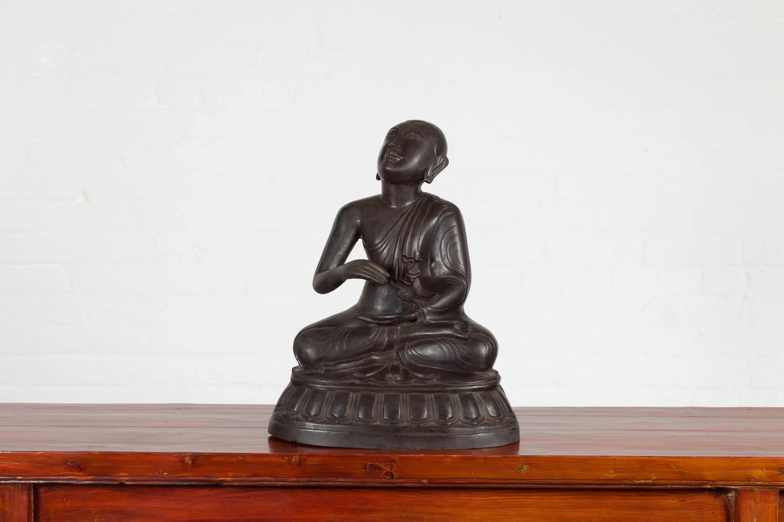 Mid 20th Century Vintage Bronze Lost Wax Sculpture Depicting a Praying Monk Sitting on a Base - 8