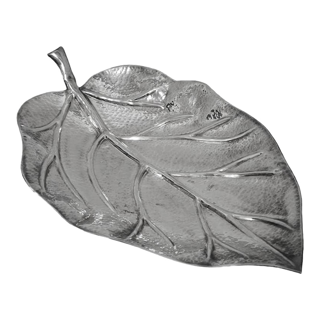 Large Hammered Silverplate Leaf Footed Serving Tray: Large hammered silver plate serving tray measuring 24" long x 14" deep with a nice scooped out center to hold lots of whatever it is you would like to either serve or display. It has 3 ball shaped
