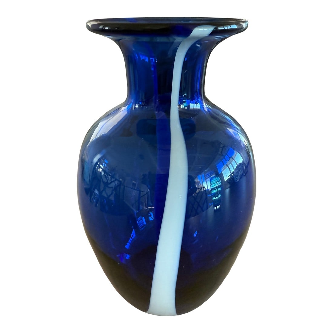 Cobalt Blue Art Glass Vase With White Ribbon of Glass: Cobalt blue blown glass vase with a ribbon of white glass running through. It's a very striking piece. Condition: Alterations: Original Condition Unaltered Imperfections: Some Imperfections