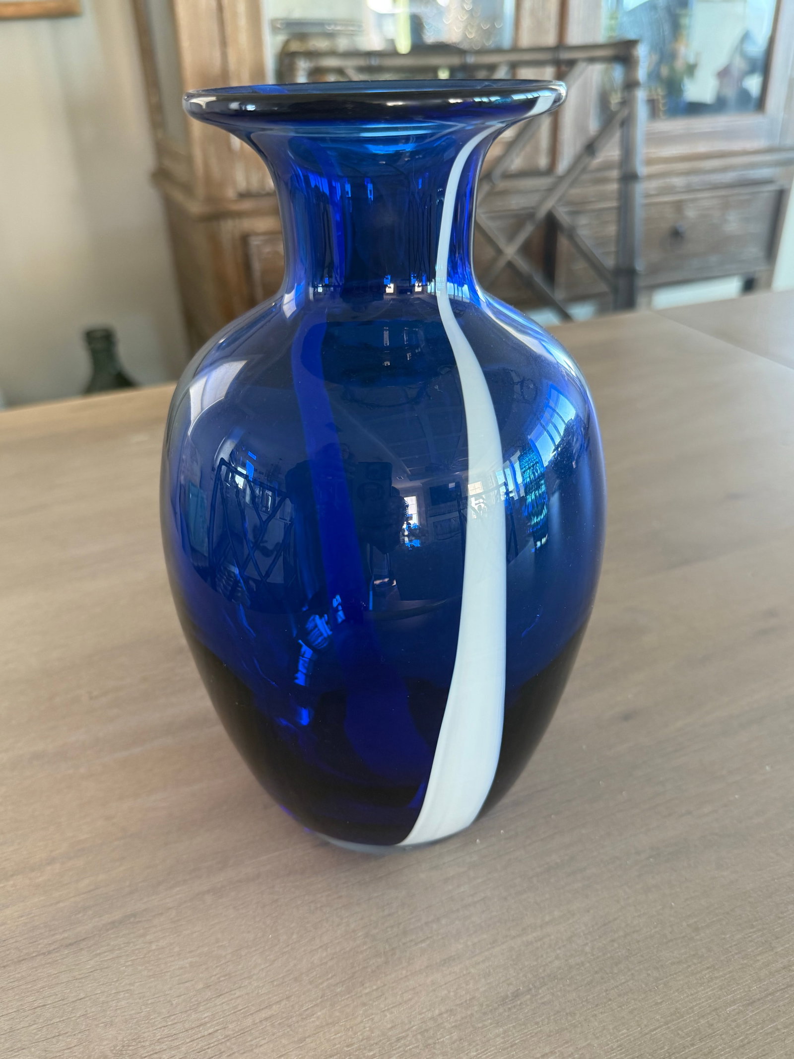 Cobalt Blue Art Glass Vase With White Ribbon of Glass - 2
