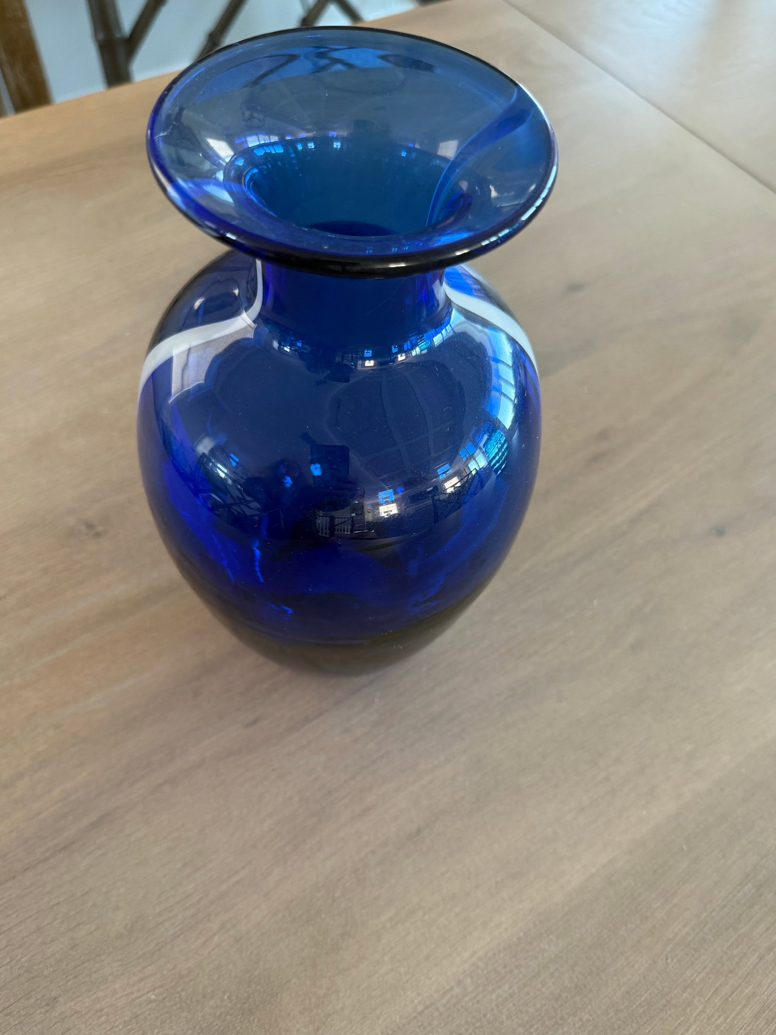 Cobalt Blue Art Glass Vase With White Ribbon of Glass - 3