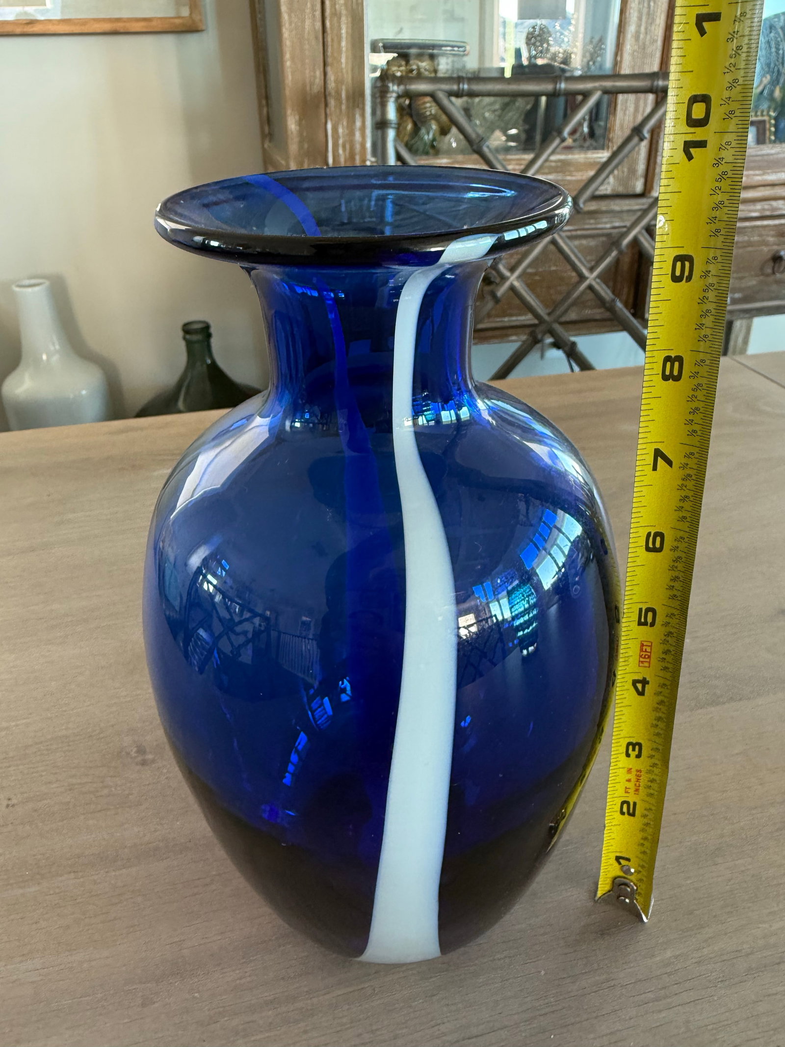 Cobalt Blue Art Glass Vase With White Ribbon of Glass - 4