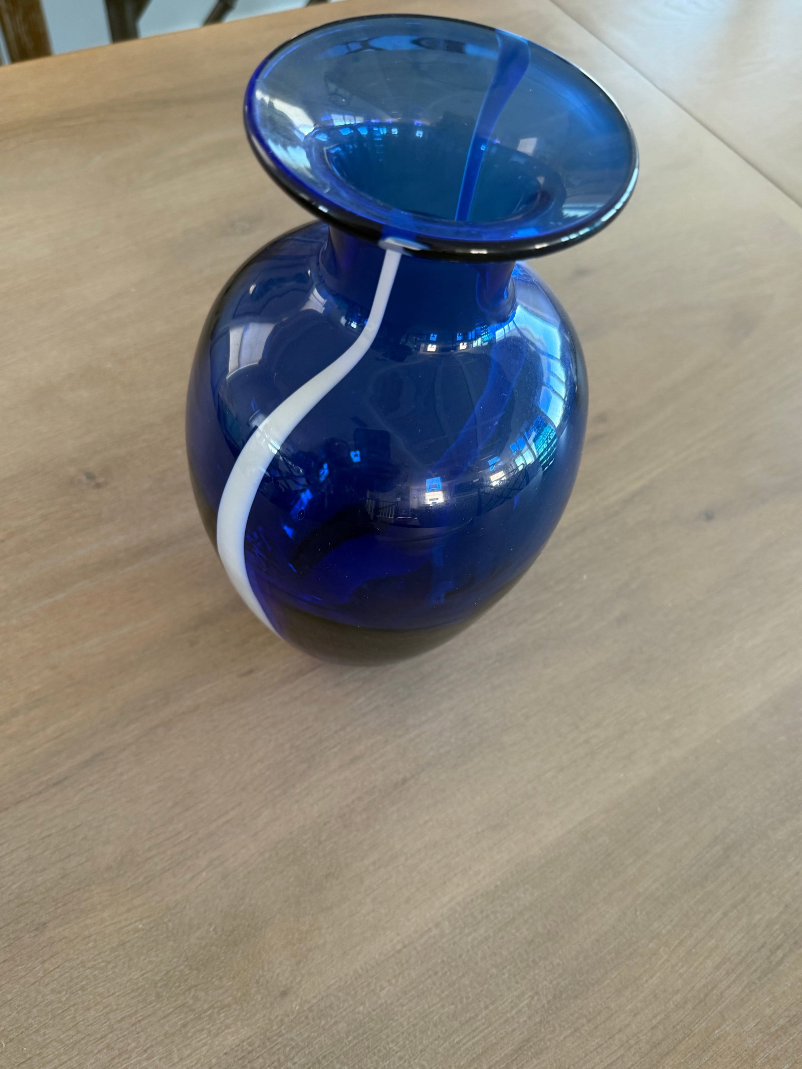 Cobalt Blue Art Glass Vase With White Ribbon of Glass - 5
