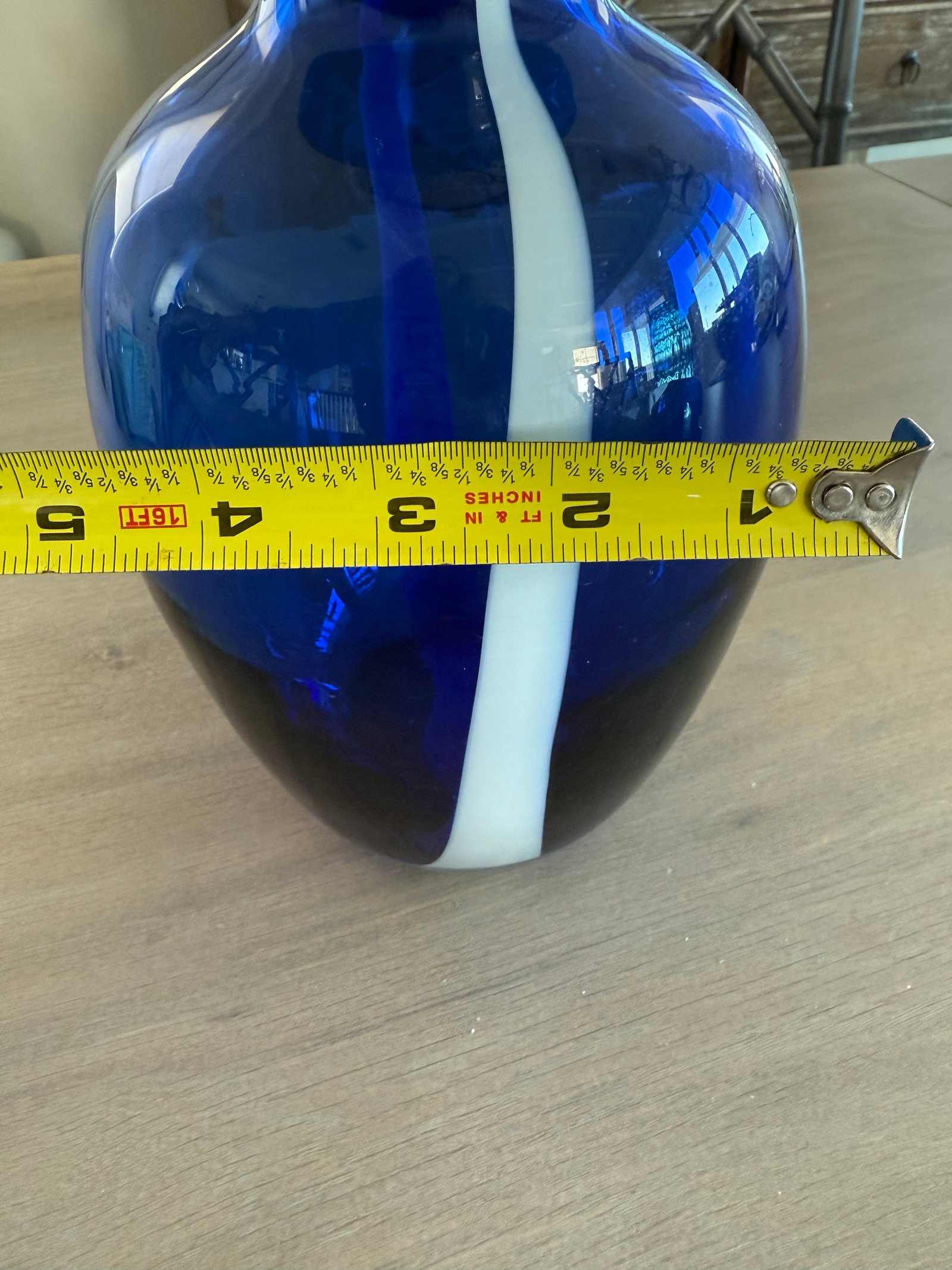 Cobalt Blue Art Glass Vase With White Ribbon of Glass - 6