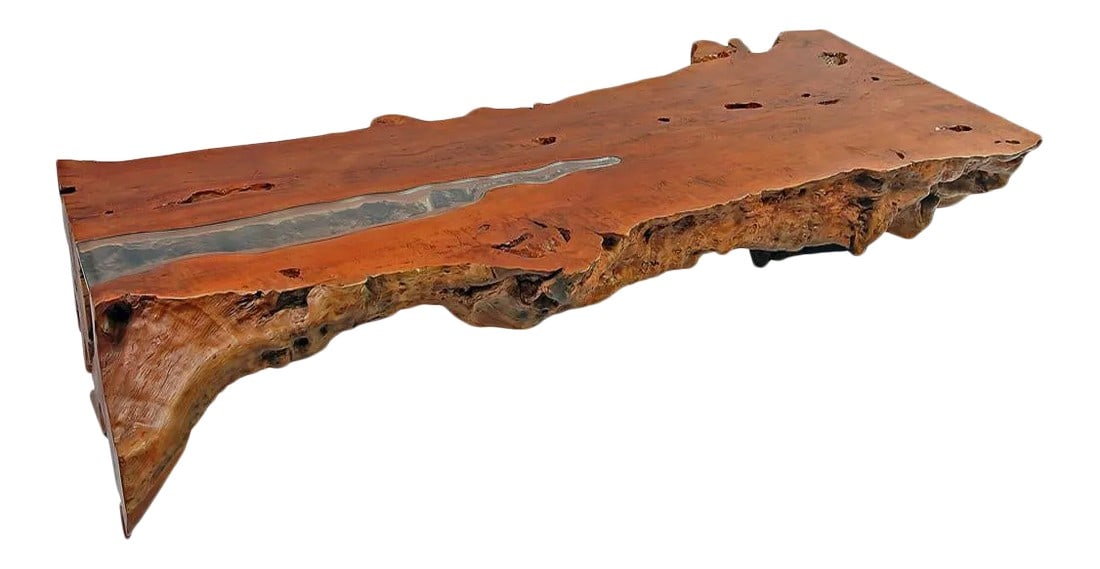 Organic Modern One Slab Lychee Burl Coffee Table: This handsome coffee table is handcrafted from a single slab of lychee burl and features stunning live edges. The top is expertly cut, flattened, and polished, showcasing the captivating natural