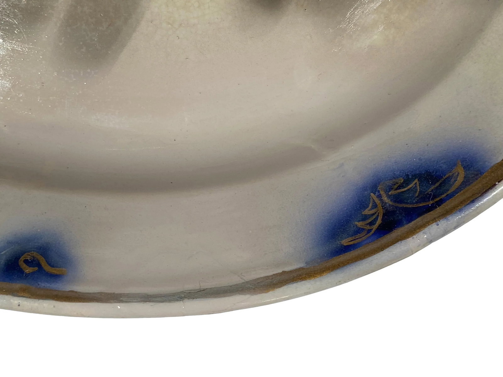 Platter - English China, Blue & White Gold Rim - Decorated With Blue Leaf Motif. "Elsinore" - 1880's - 4
