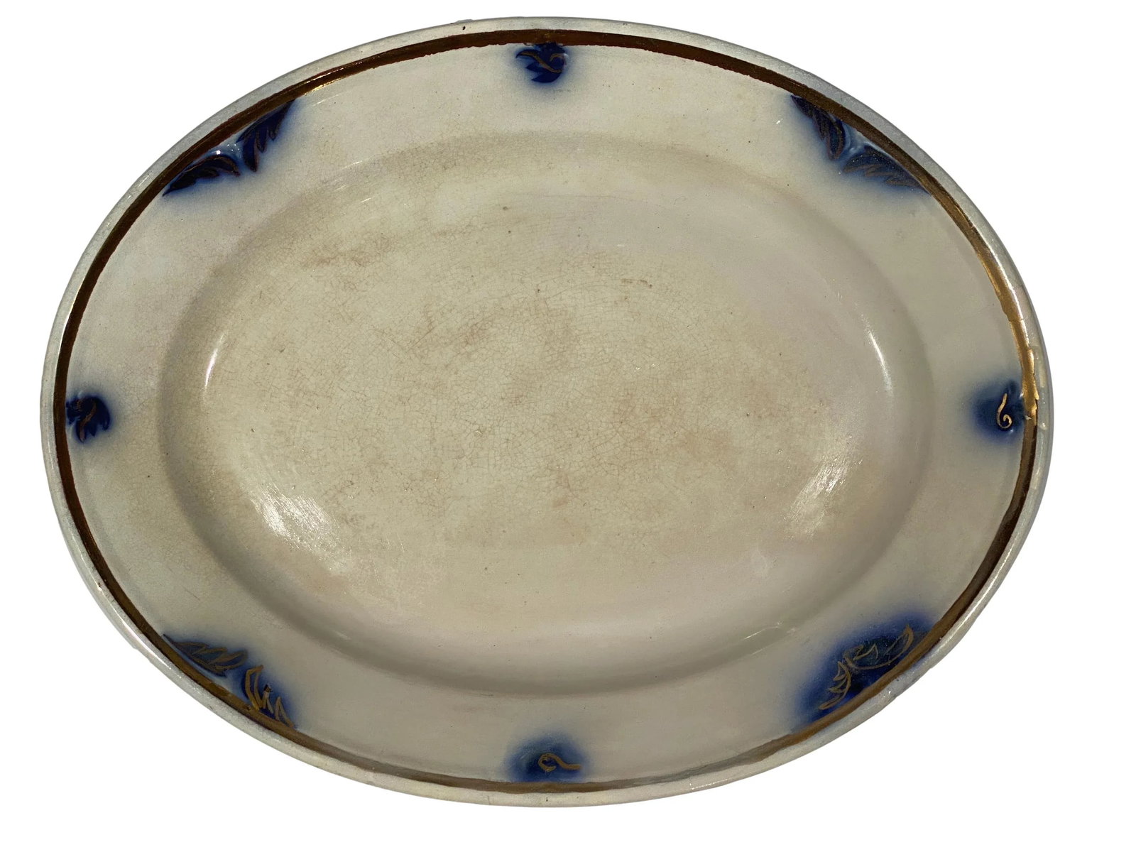 Platter - English China, Blue & White Gold Rim - Decorated With Blue Leaf Motif. "Elsinore" - 1880's - 5