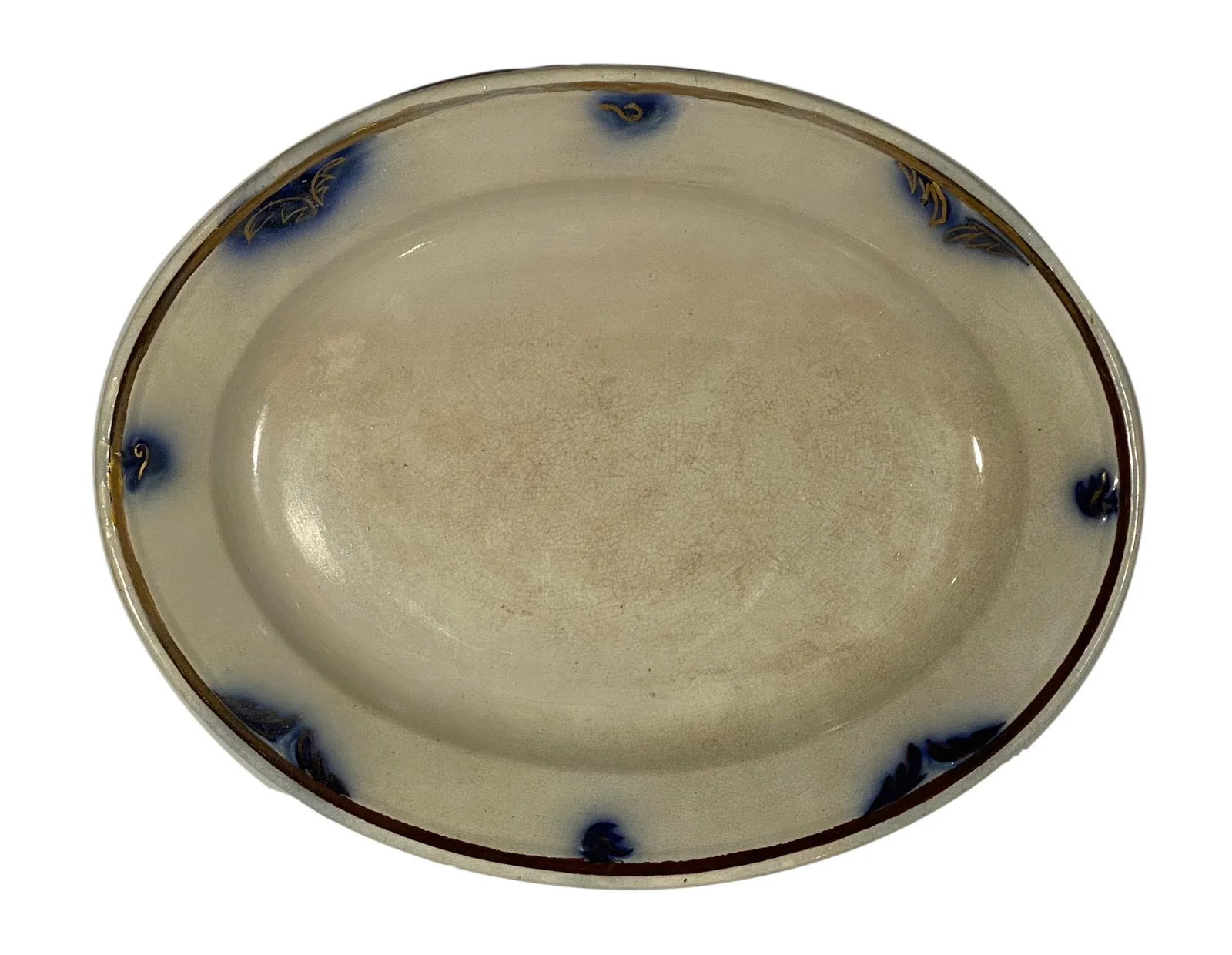 Platter - English China, Blue & White Gold Rim - Decorated With Blue Leaf Motif. "Elsinore" - 1880's - 6