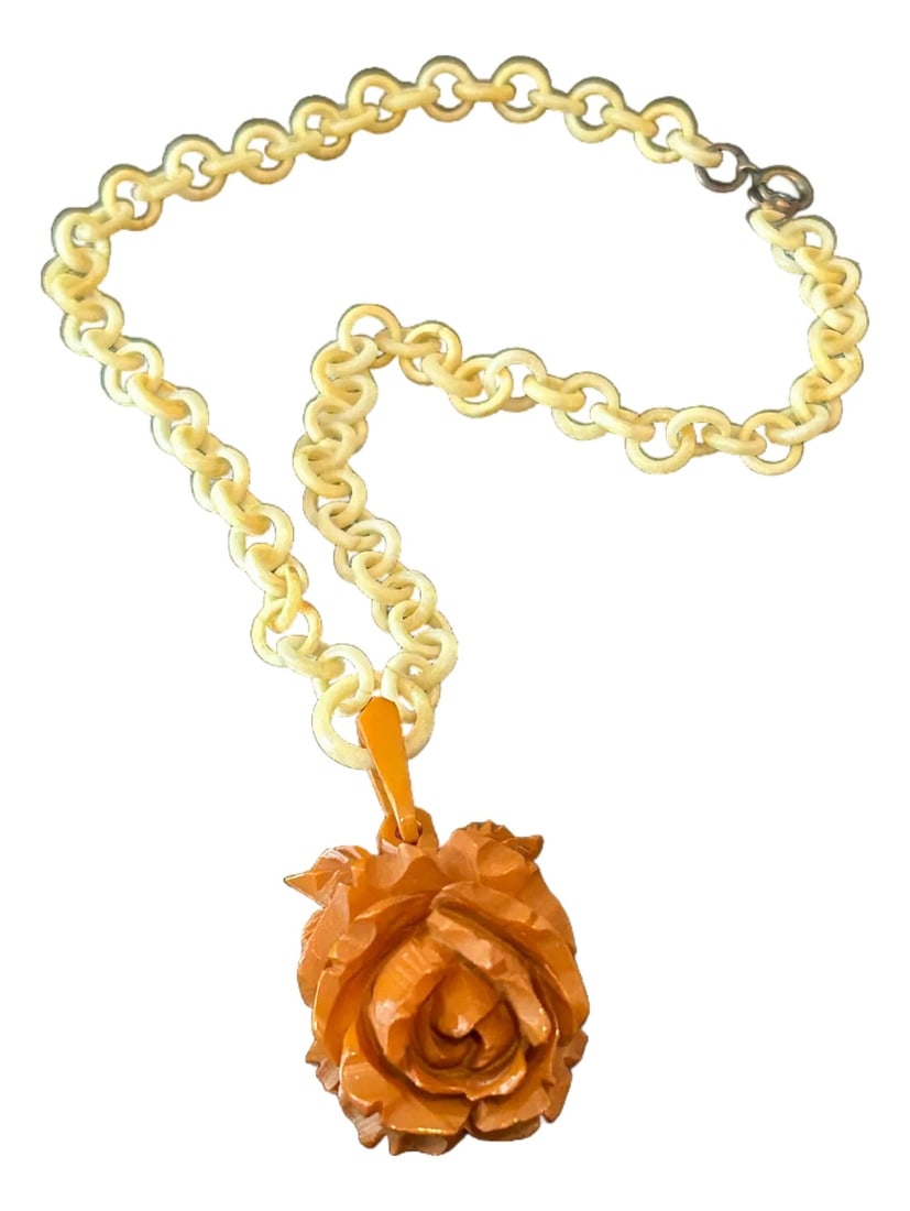 Vintage Bakelite Carved Butterscotch Rose Necklace –Celluloid Chain (1 of 7)