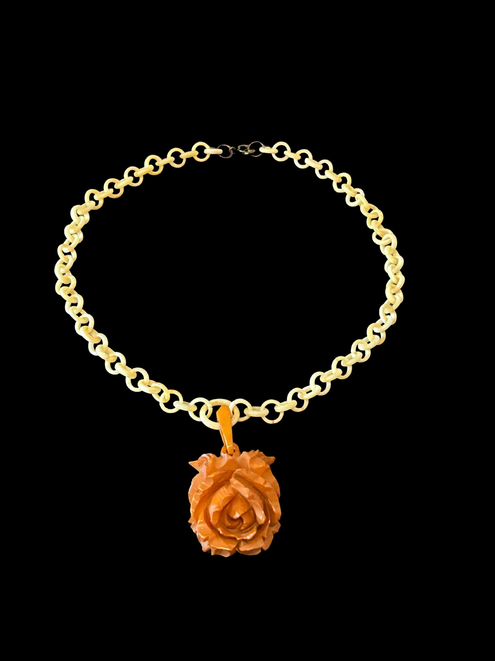 Vintage Bakelite Carved Butterscotch Rose Necklace –Celluloid Chain - 3