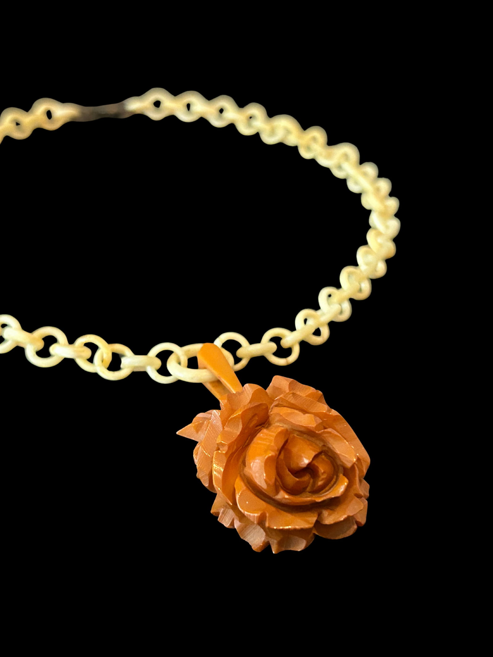 Vintage Bakelite Carved Butterscotch Rose Necklace –Celluloid Chain - 5