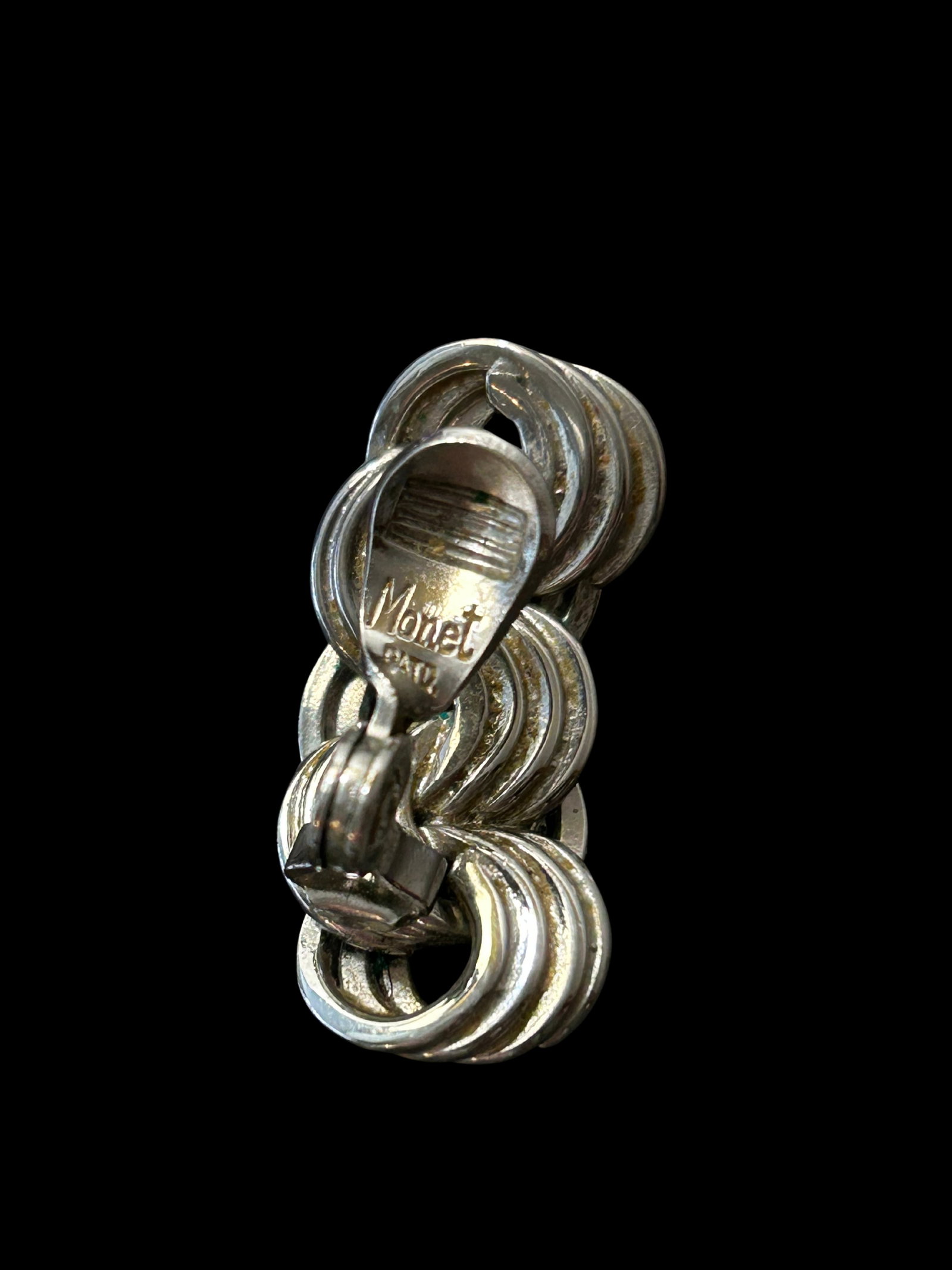 Vintage Monet Silver Tone Scroll Link Clip-on Earrings, A Pair - 4