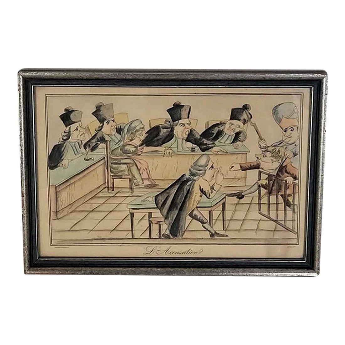l'Accusation Hand Colored Courtroom Lithograph Engraving French Satirical Legal Scene: Charming & funny lithograph depicting a satirical scene from an early French courtroom. This would be a great gift for someone in the legal profession! AI Overview The image is a colored lithograph