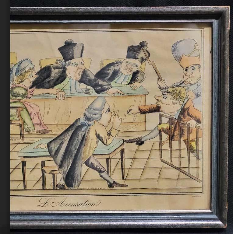 l'Accusation Hand Colored Courtroom Lithograph Engraving French Satirical Legal Scene - 3