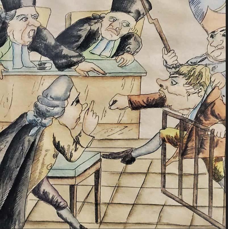 l'Accusation Hand Colored Courtroom Lithograph Engraving French Satirical Legal Scene - 4