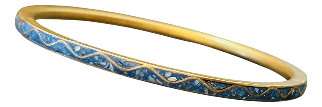 Vintage 1970s Blue Cloisonné & Lapis Brass Bangle Bracelet – Light & Dark Blue Enamel: Vintage 1970s Blue Cloisonné & Lapis Brass Bangle Bracelet – Light & Dark Blue Enamel Waves, Glowing Gold-Tone Brass, 3" Diameter Add a touch of vivid color and vintage charm to your collec