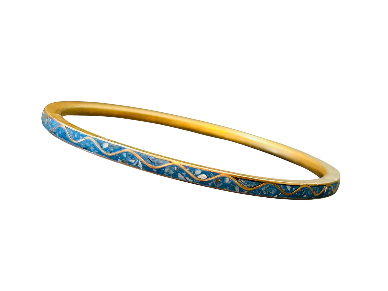 Vintage 1970s Blue Cloisonné & Lapis Brass Bangle Bracelet – Light & Dark Blue Enamel - 2