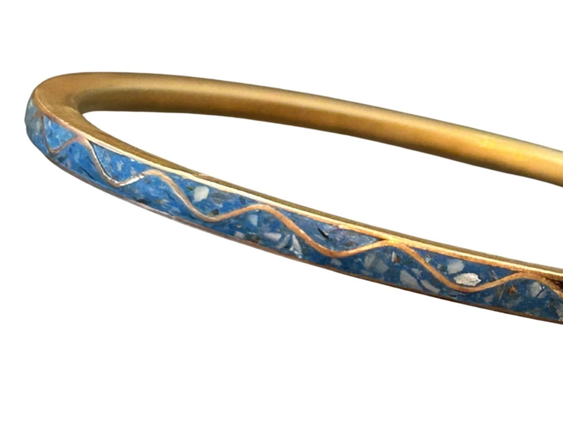 Vintage 1970s Blue Cloisonné & Lapis Brass Bangle Bracelet – Light & Dark Blue Enamel - 3