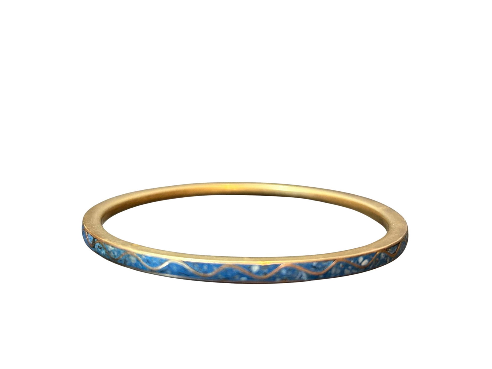 Vintage 1970s Blue Cloisonné & Lapis Brass Bangle Bracelet – Light & Dark Blue Enamel - 4
