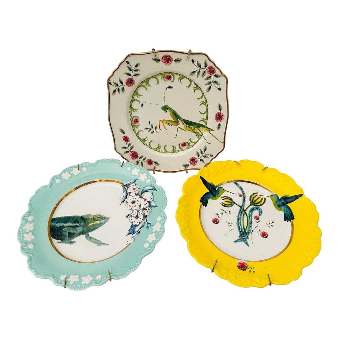 Anthropologie Lou Rota Set of 3 "Nature Table" Salad Plates: 2010 Anthropologie's Lou Rota set of 3 Nature Table Salad Plates, Chameleon, Hummingbird and Praying Mantis. Use as a decorative wall plate as I found them or as a salad plate. Perfect for a garden