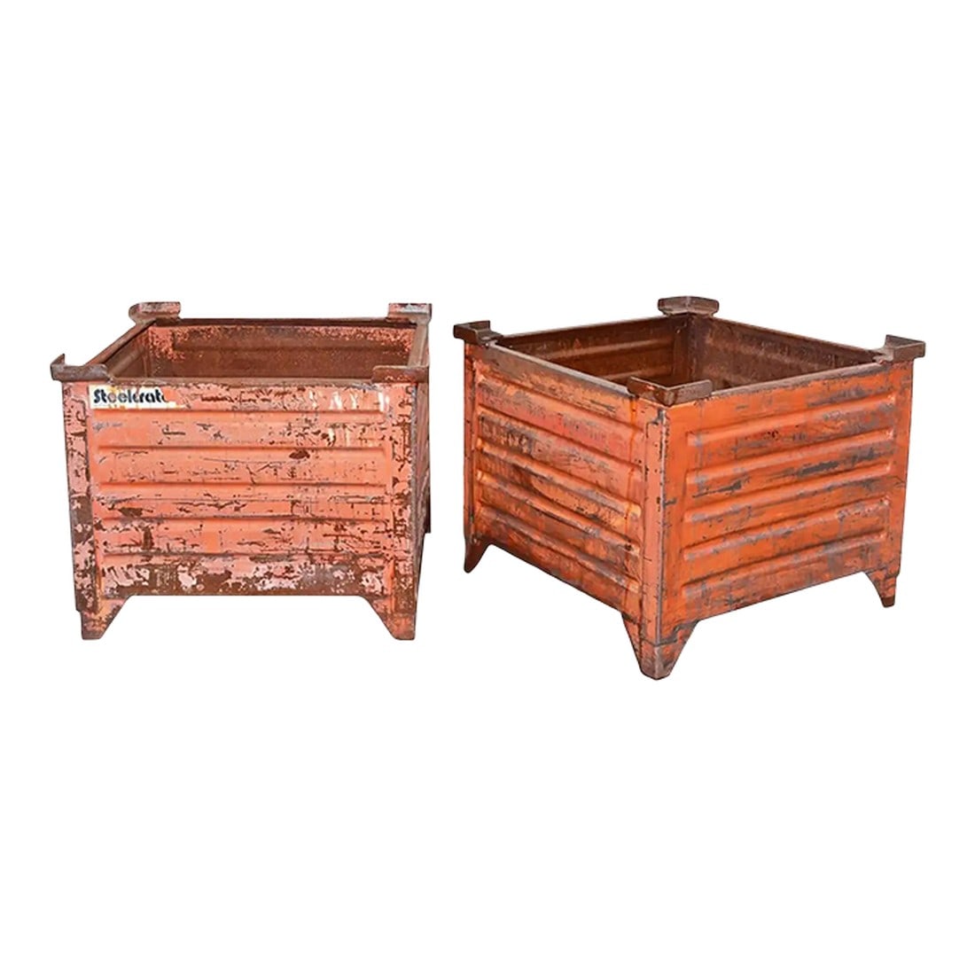 Pair of Vintage Painted Steel Container Planters: Great Steel Vintage planters purchased on 1st dibs. THe color has faded somewhat but in good condition. Condition: Alterations: Original Condition Unaltered Imperfections: Some Imperfections Condition