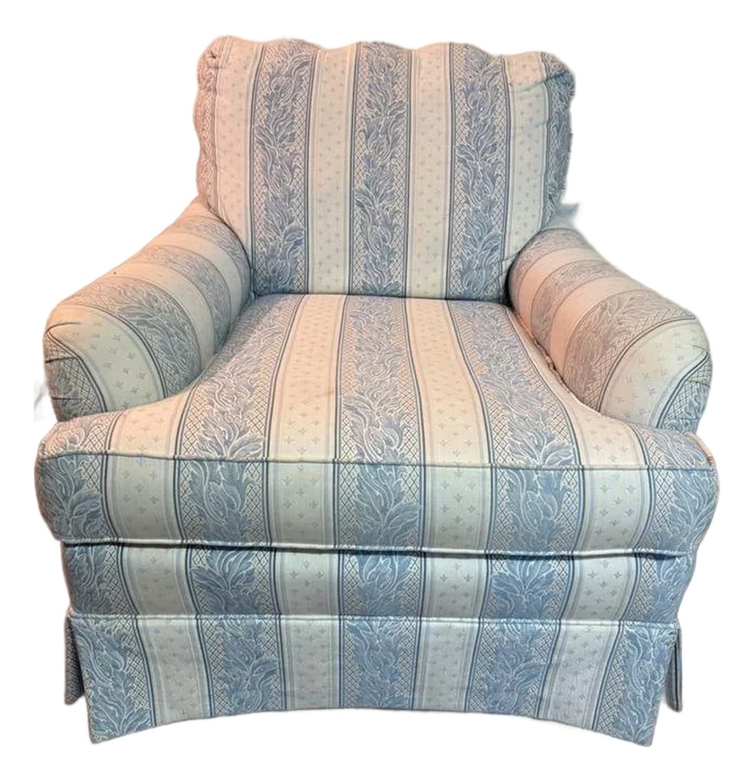 Upholstered Chair by Sherrill: Great upholstered chair by Sherrill features a rolled arm, an attached back cushion, and a box pleated skirt. Upholstered in striped fabric of white and light blue with an inset floral design. 