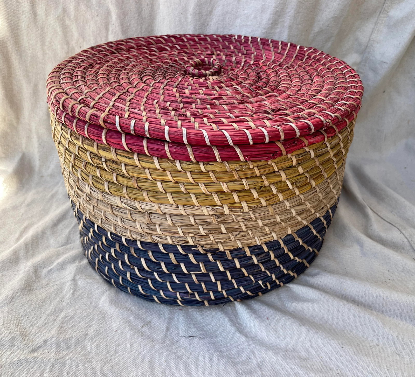 Vintage Med. Size Straw Coiled Multi-Color Basket - 8