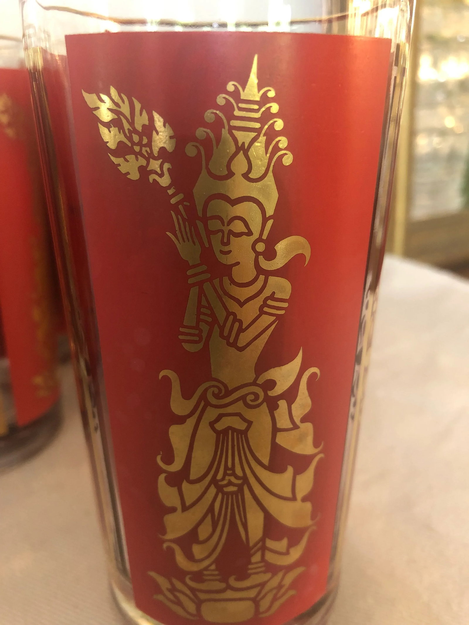 Mid-Century Federal Glass Red & Gold Thai Siam Dancer Motif Highballs - Set of 8 - 2