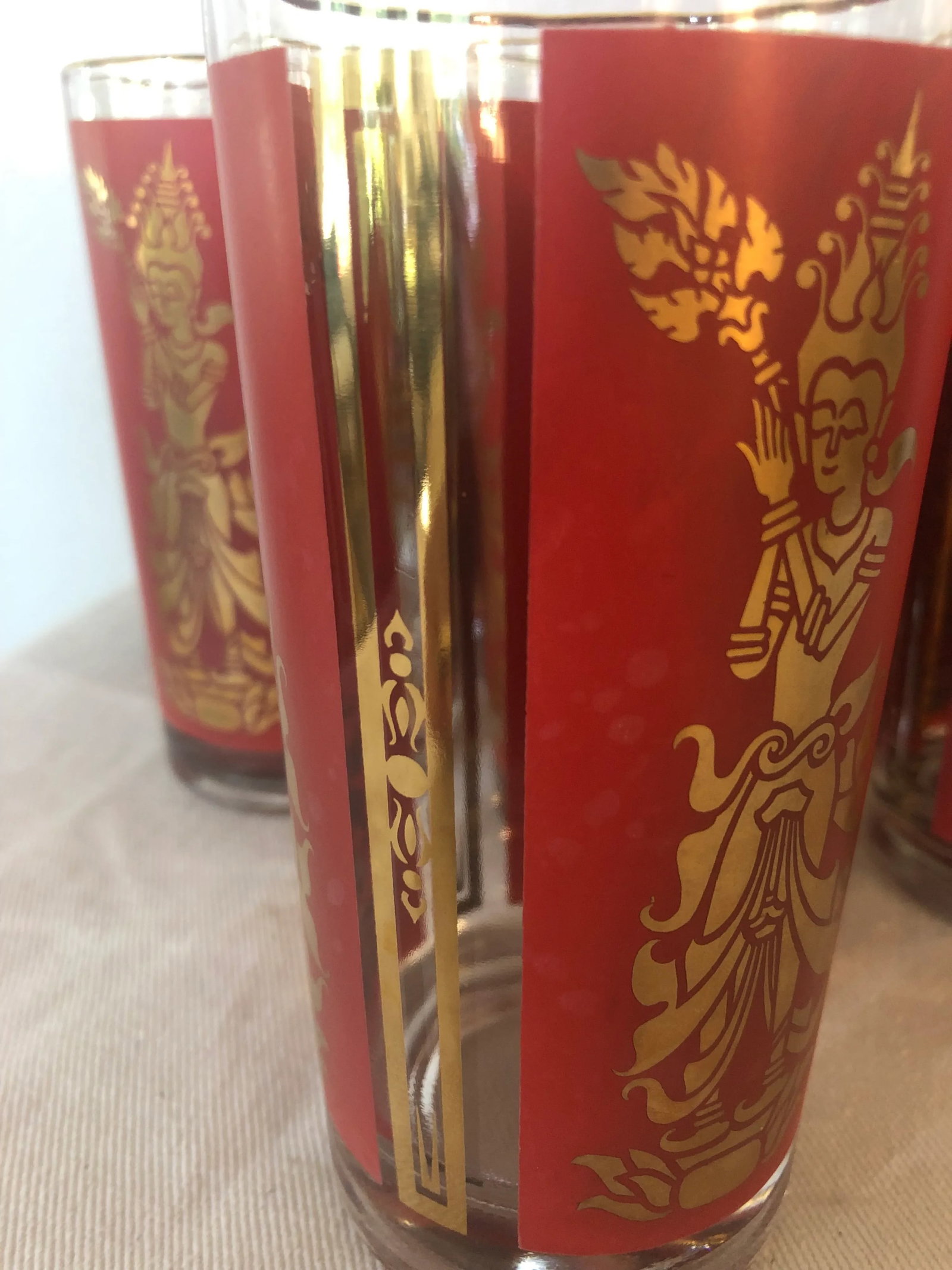 Mid-Century Federal Glass Red & Gold Thai Siam Dancer Motif Highballs - Set of 8 - 3