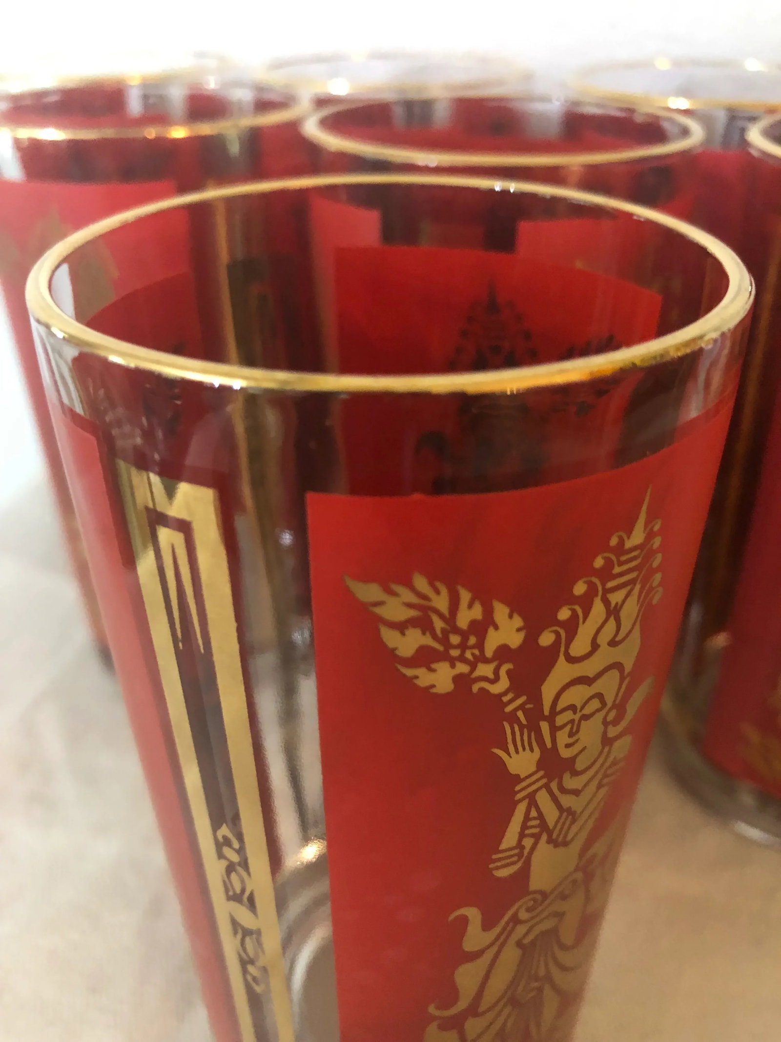Mid-Century Federal Glass Red & Gold Thai Siam Dancer Motif Highballs - Set of 8 - 4
