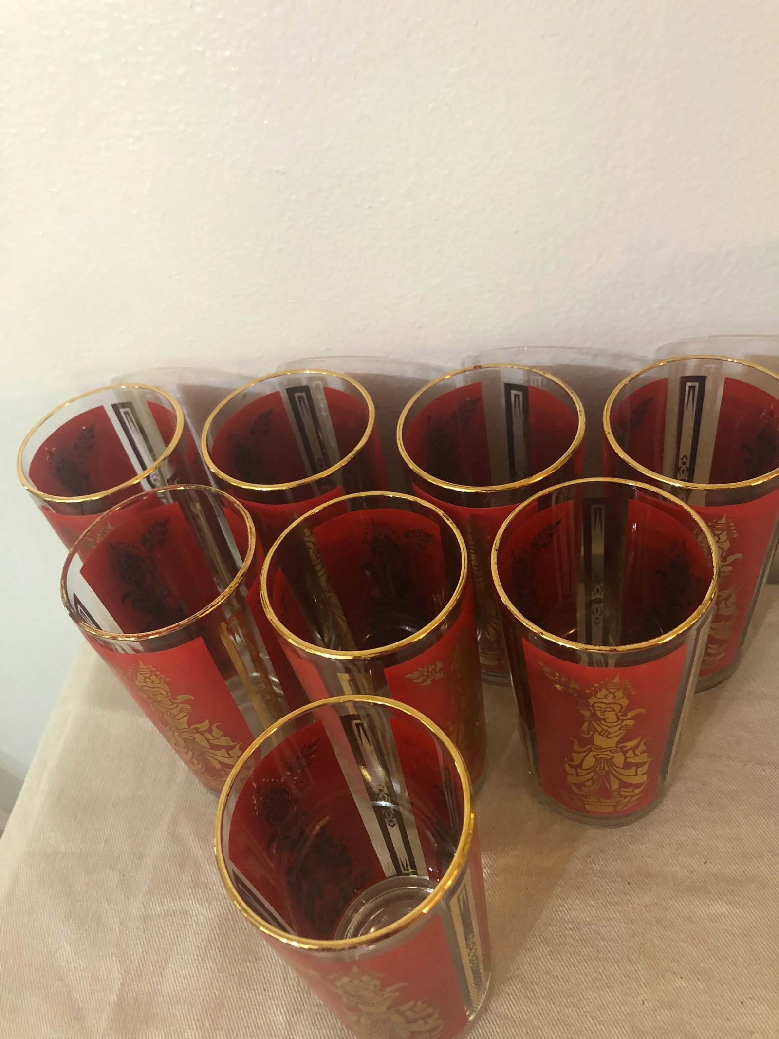 Mid-Century Federal Glass Red & Gold Thai Siam Dancer Motif Highballs - Set of 8 - 5