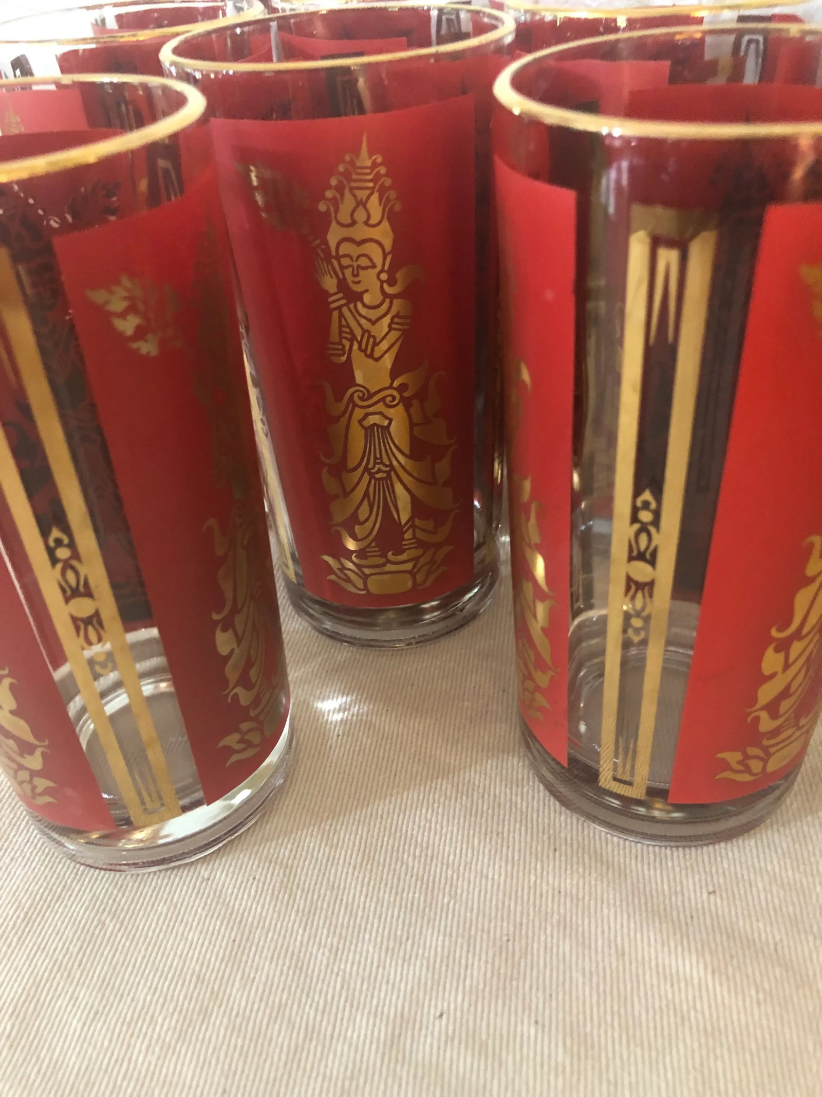 Mid-Century Federal Glass Red & Gold Thai Siam Dancer Motif Highballs - Set of 8 - 6