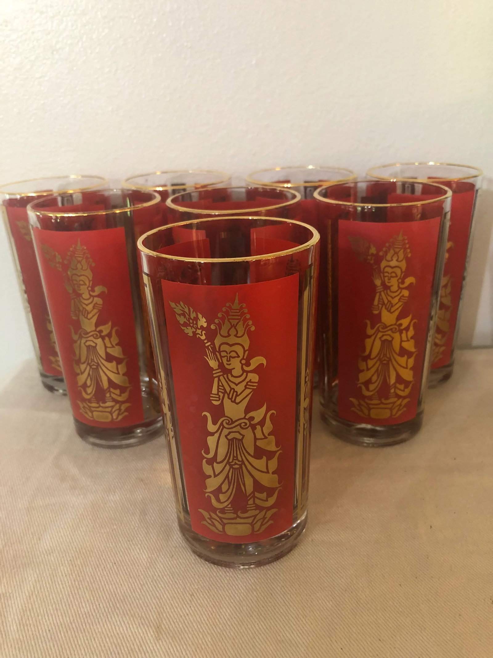 Mid-Century Federal Glass Red & Gold Thai Siam Dancer Motif Highballs - Set of 8 - 8