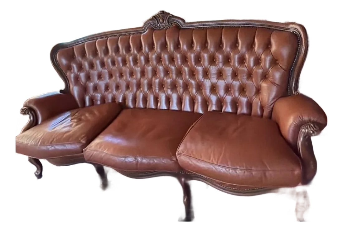Victorian Style Tufted Leather Sofa With Carved Wood Frame, Vintage (1 of 7)