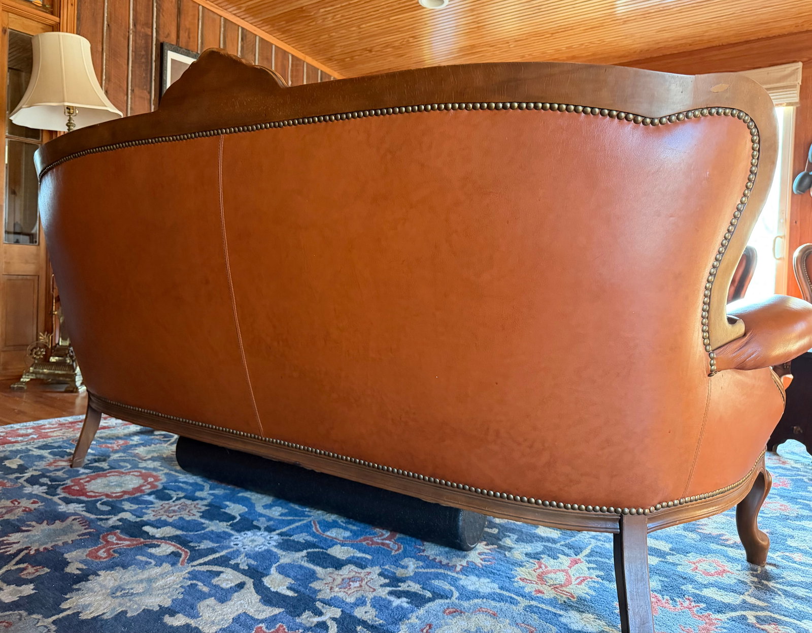 Victorian Style Tufted Leather Sofa With Carved Wood Frame, Vintage - 2