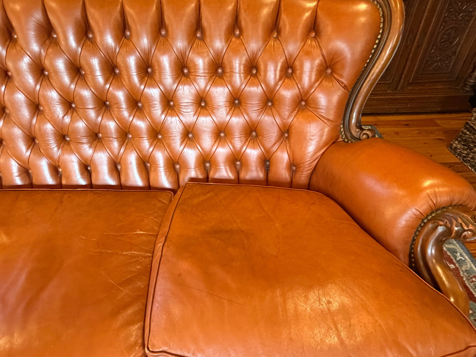 Victorian Style Tufted Leather Sofa With Carved Wood Frame, Vintage - 3