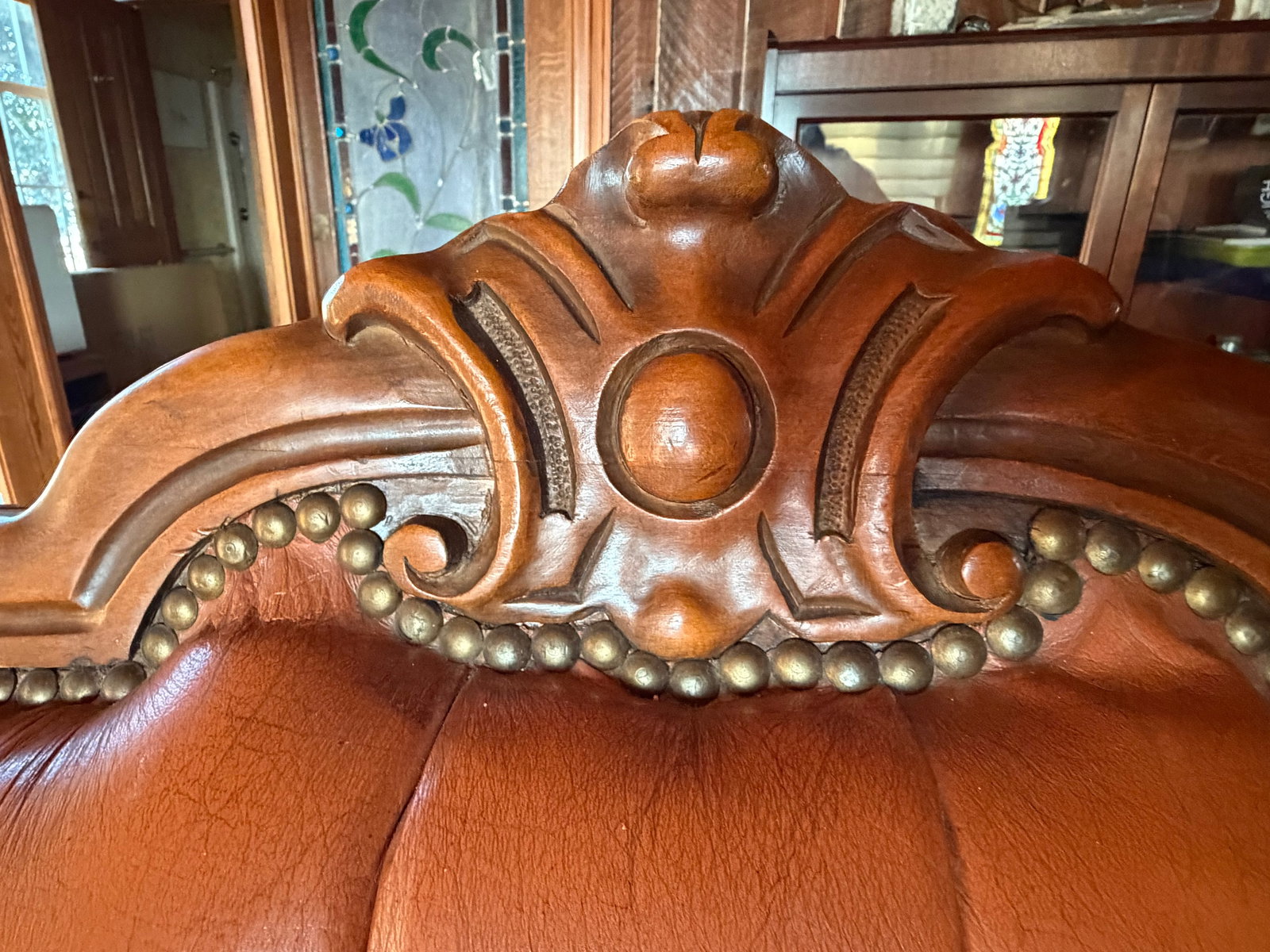 Victorian Style Tufted Leather Sofa With Carved Wood Frame, Vintage - 4