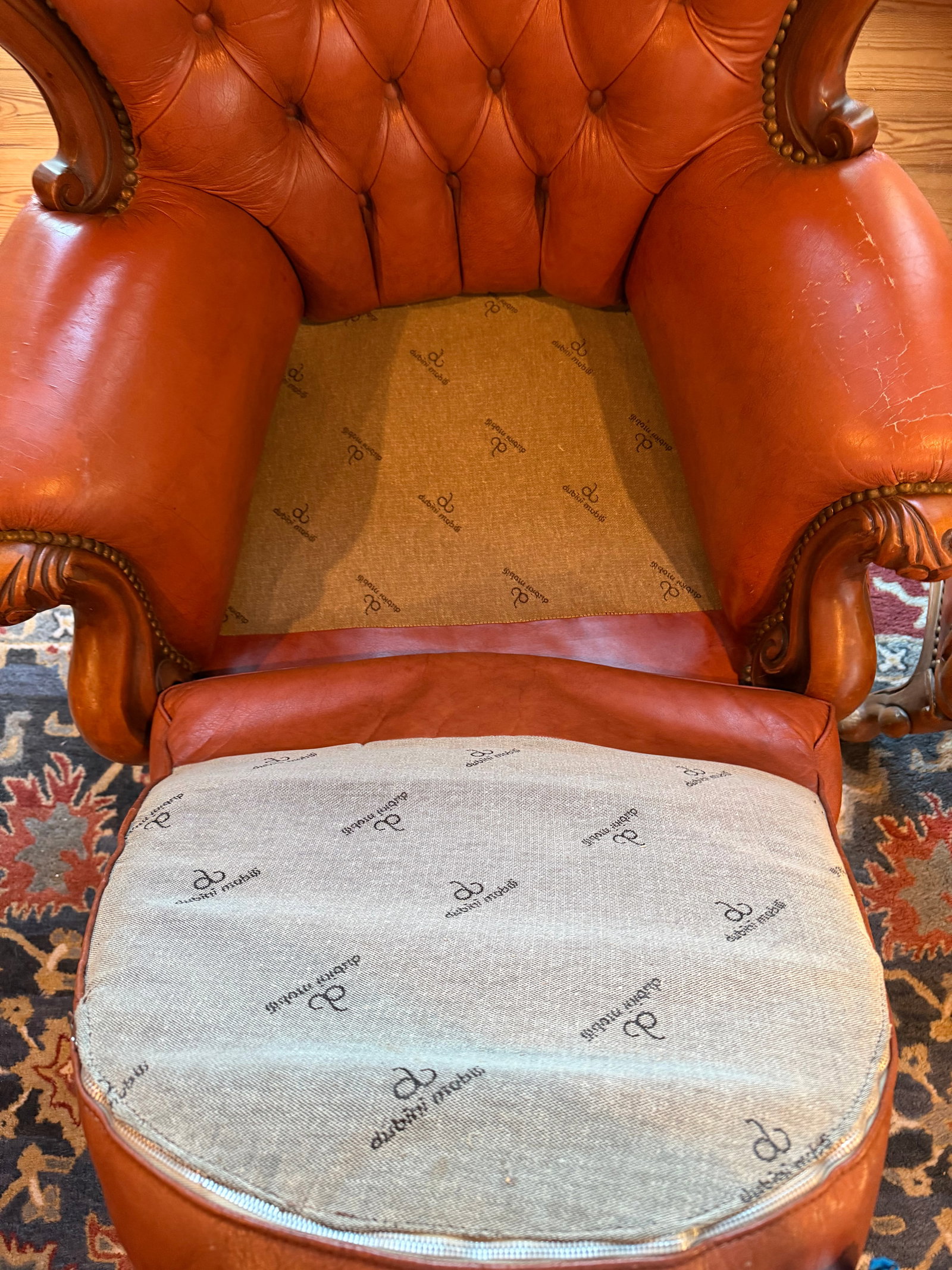 Victorian Style Tufted Leather Sofa With Carved Wood Frame, Vintage - 6