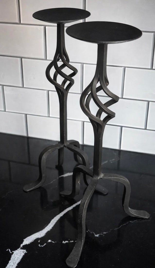 1950s Pair of Mid-Century Sculptural Iron Candlesticks - 2