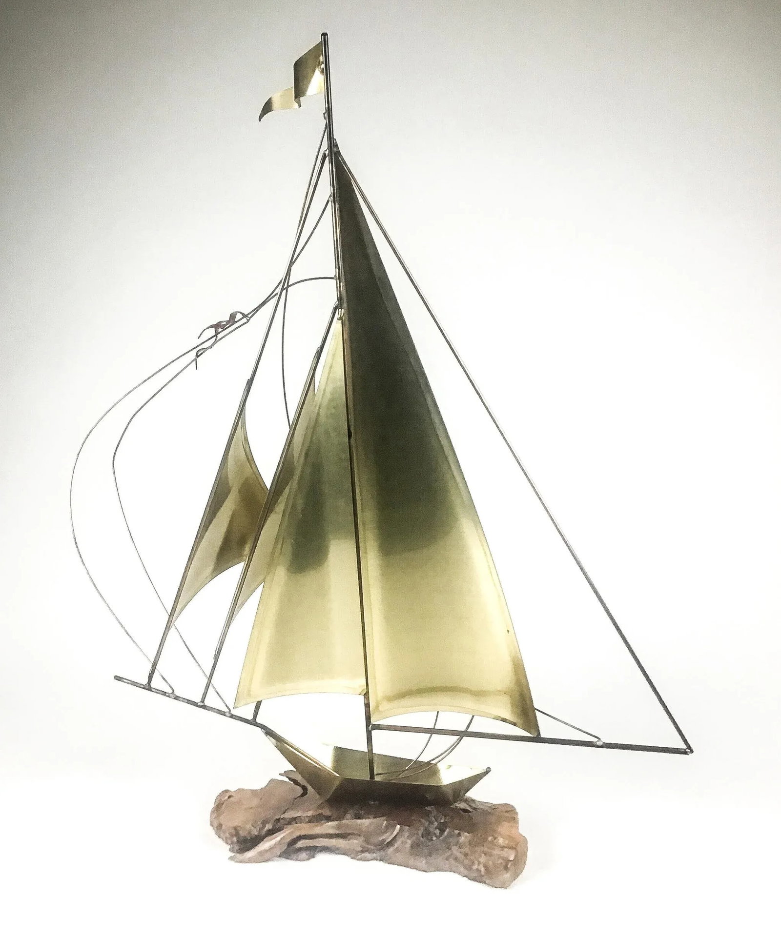Vintage Brass Wood & Copper Artisan Sailboat Sculpture - 13