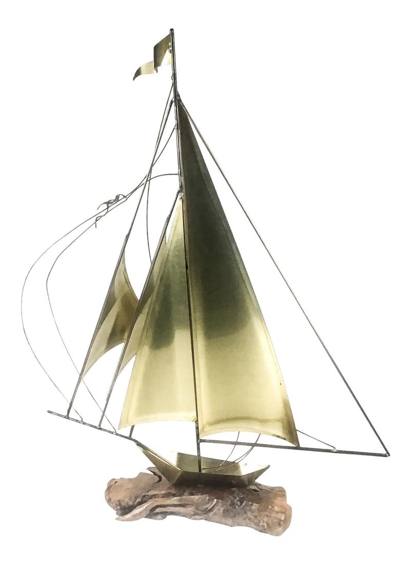 Vintage Brass Wood & Copper Artisan Sailboat Sculpture: Magnificent work of Art! There are decoration sailboats and then there is this one. Absolutely stunning details. The live edge wood base looks like the ocean, and the pure copper birds add a touch