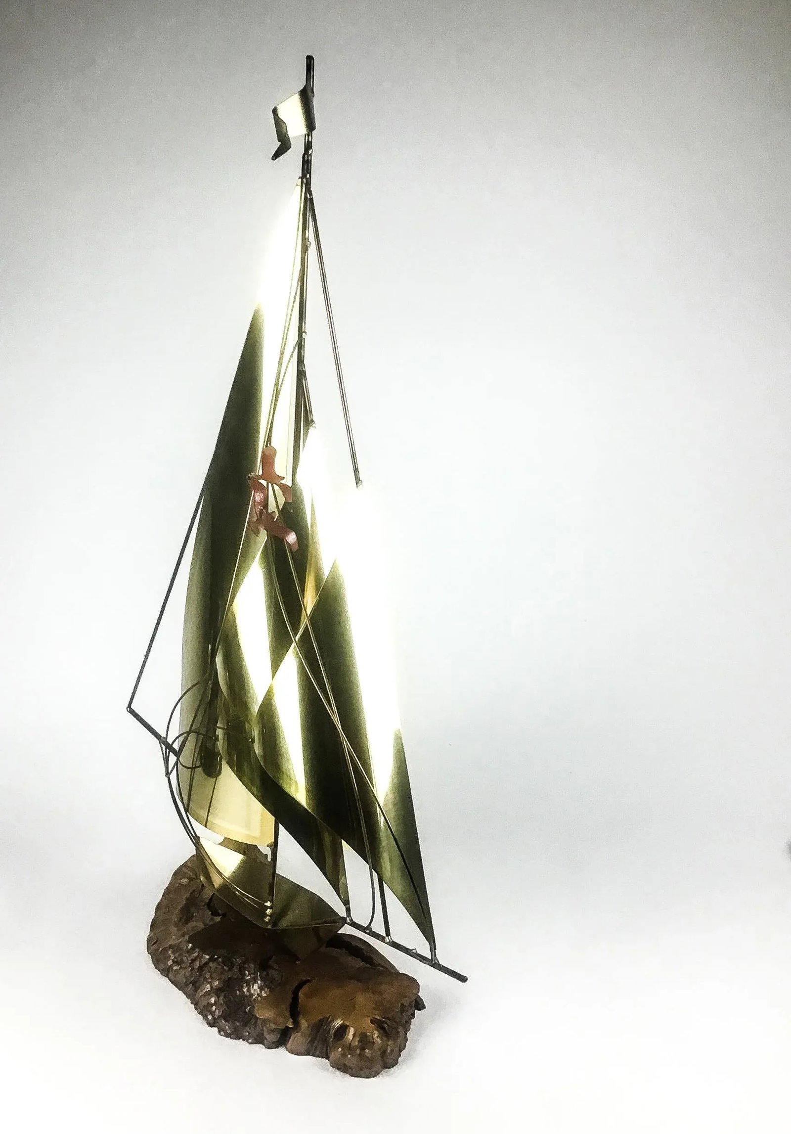 Vintage Brass Wood & Copper Artisan Sailboat Sculpture - 2