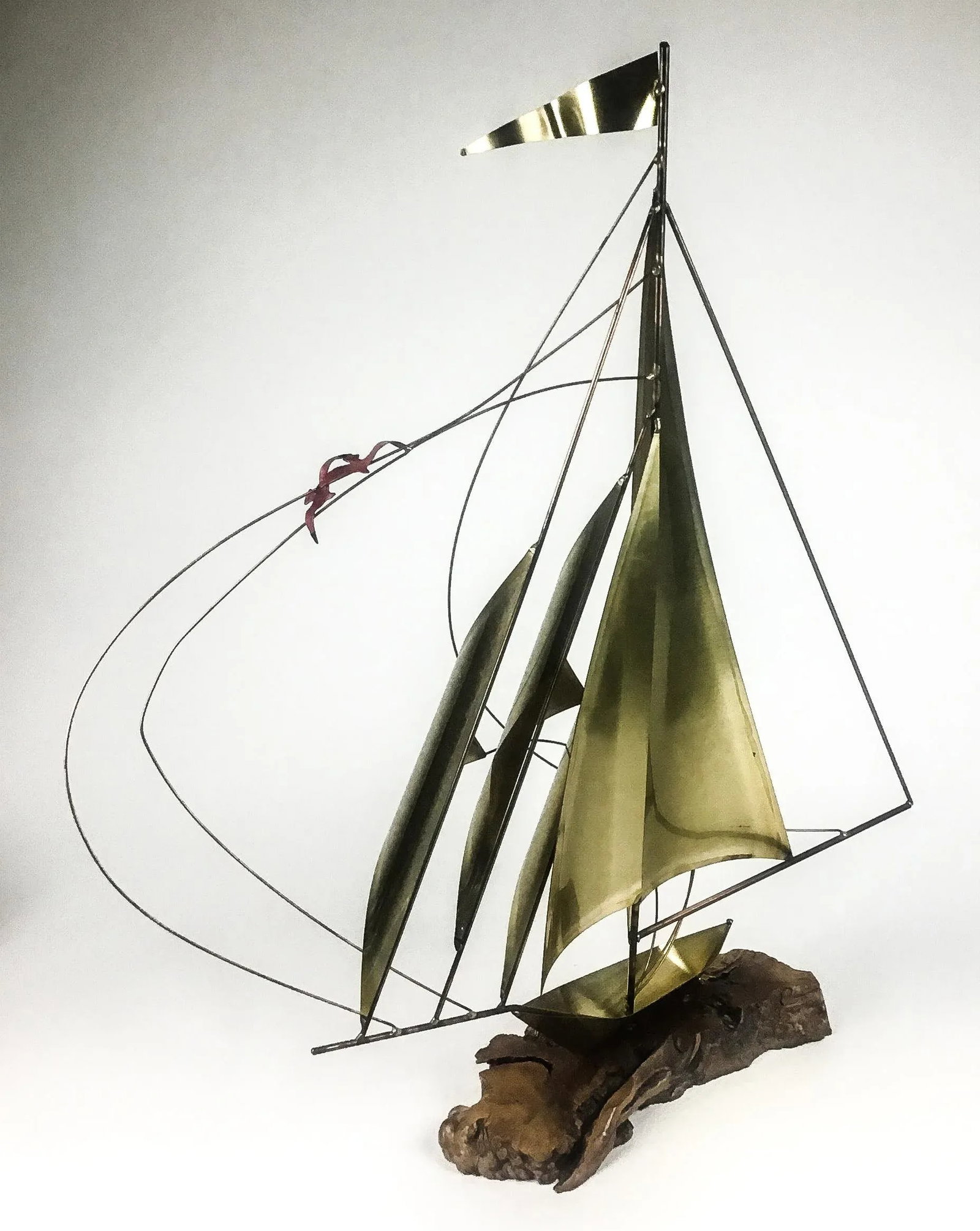 Vintage Brass Wood & Copper Artisan Sailboat Sculpture - 3