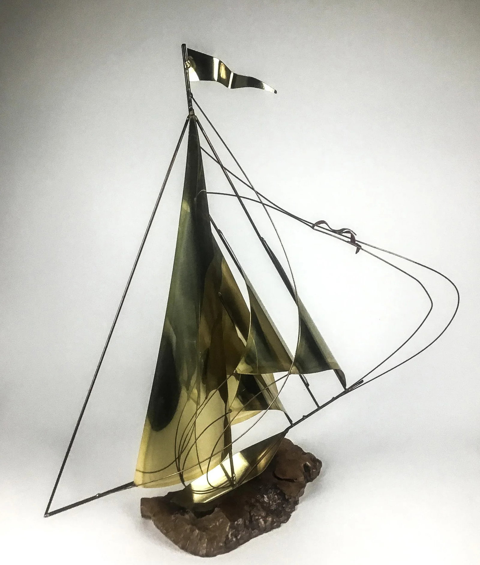 Vintage Brass Wood & Copper Artisan Sailboat Sculpture - 4