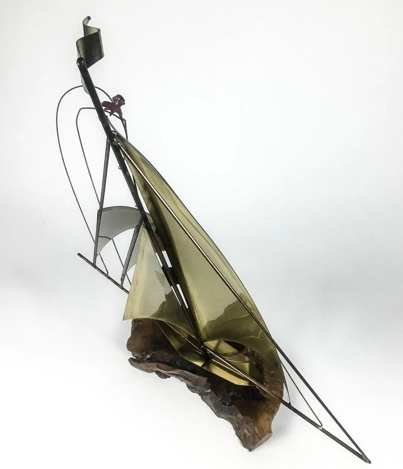 Vintage Brass Wood & Copper Artisan Sailboat Sculpture - 6