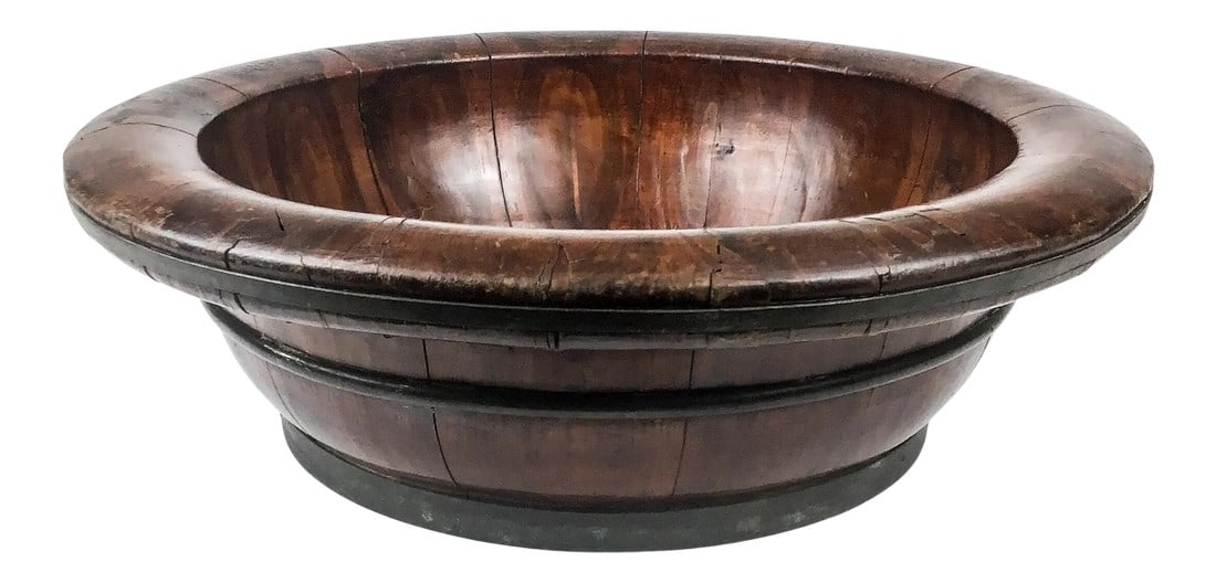 Antique Chinese Wood Rice Bucket: What a great example of the workmanship of Chinese Artisans. Each section is hand carved in order to join together and make a round bowl. A huge round bowl. Imagine this piece on your table collecting