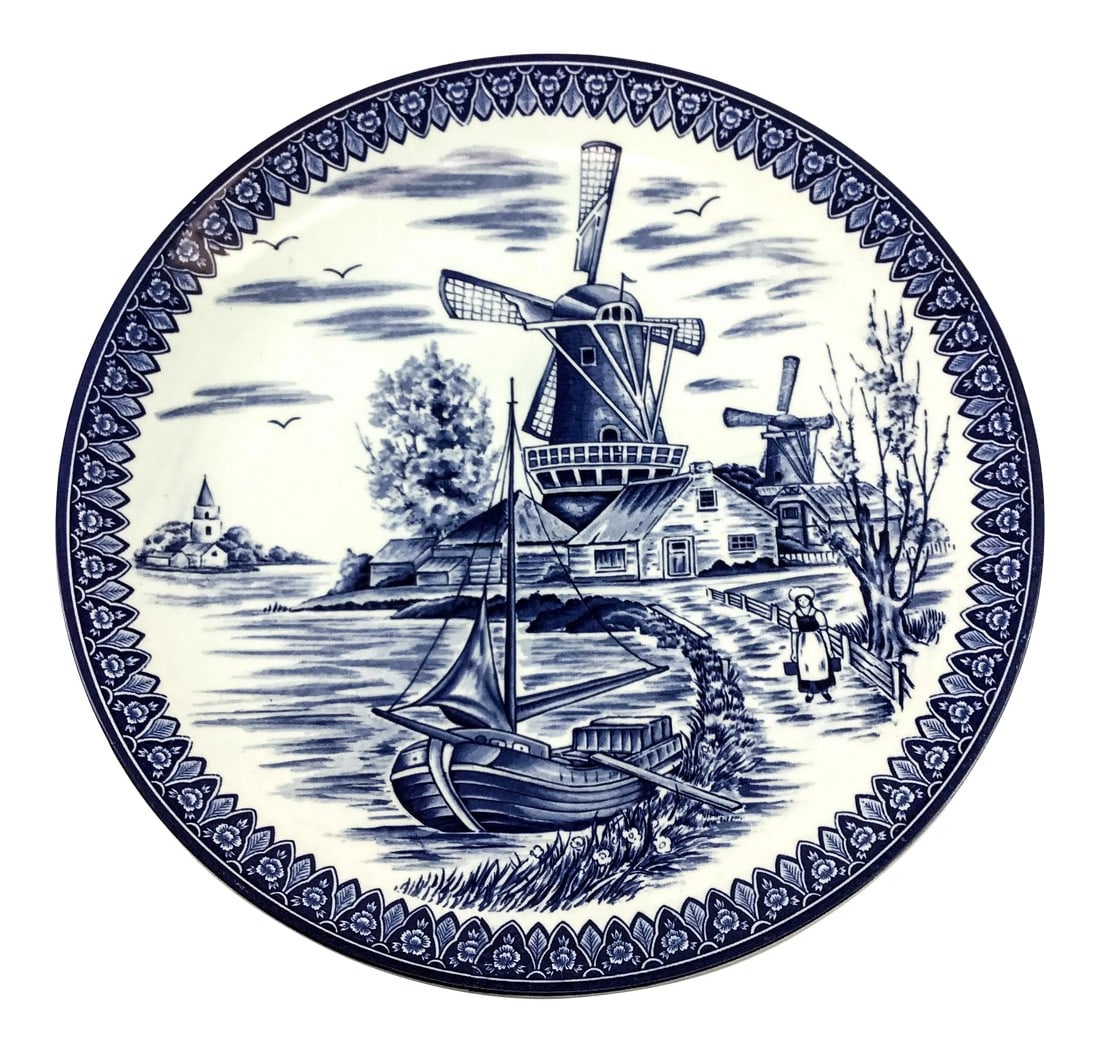 Large Vintage Porcelain Delftware Plate: This extra large plate is in perfect condition and has very detailed painted scenery done with both hand painted cobalt blue and transfer-ware. The windmills are rising high in the skyline and a woode