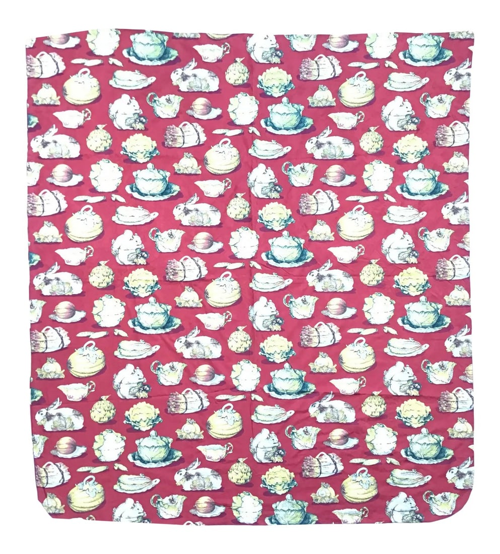 Vintage Country French Cotton Damask Bed Cover: Vintage pure cotton has been backed with natural muslin and sewn to make a twin or double size bedspread. Bunnies, squirrels, snails, frogs, and birds, with various vegetables are printed on a