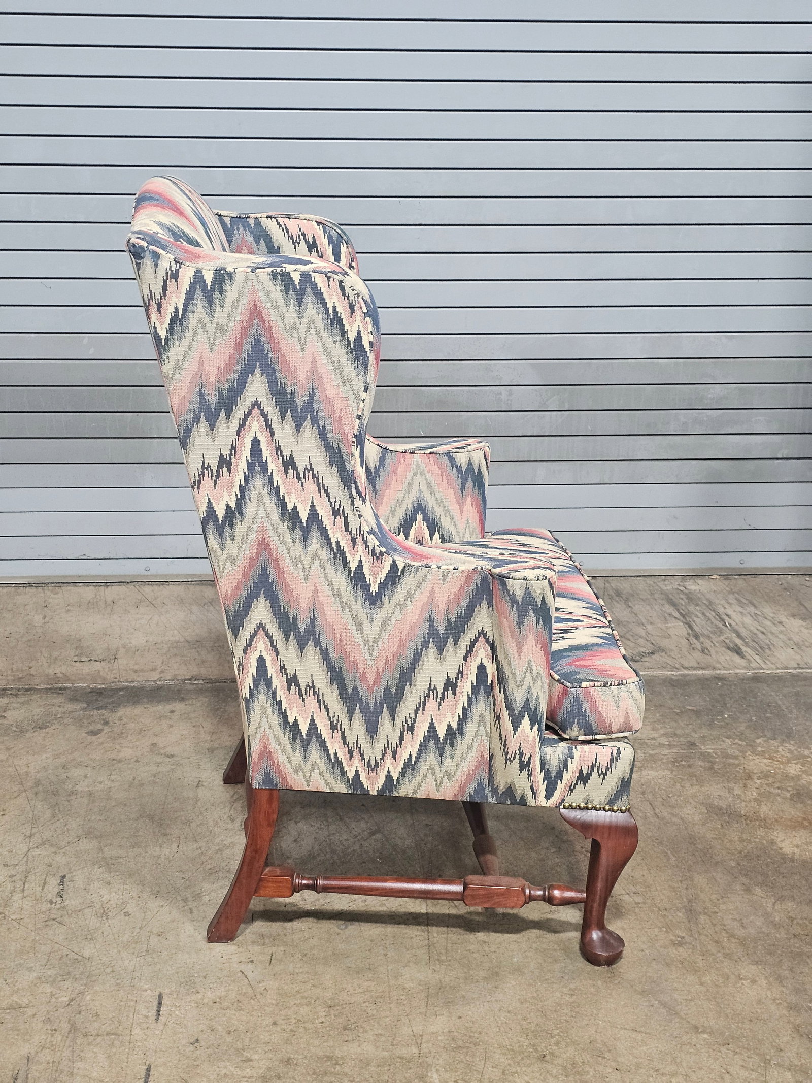 Mahogany Williamsburg Queen Anne Style Wing Back Chair New Flame Stitch Fabric - 3