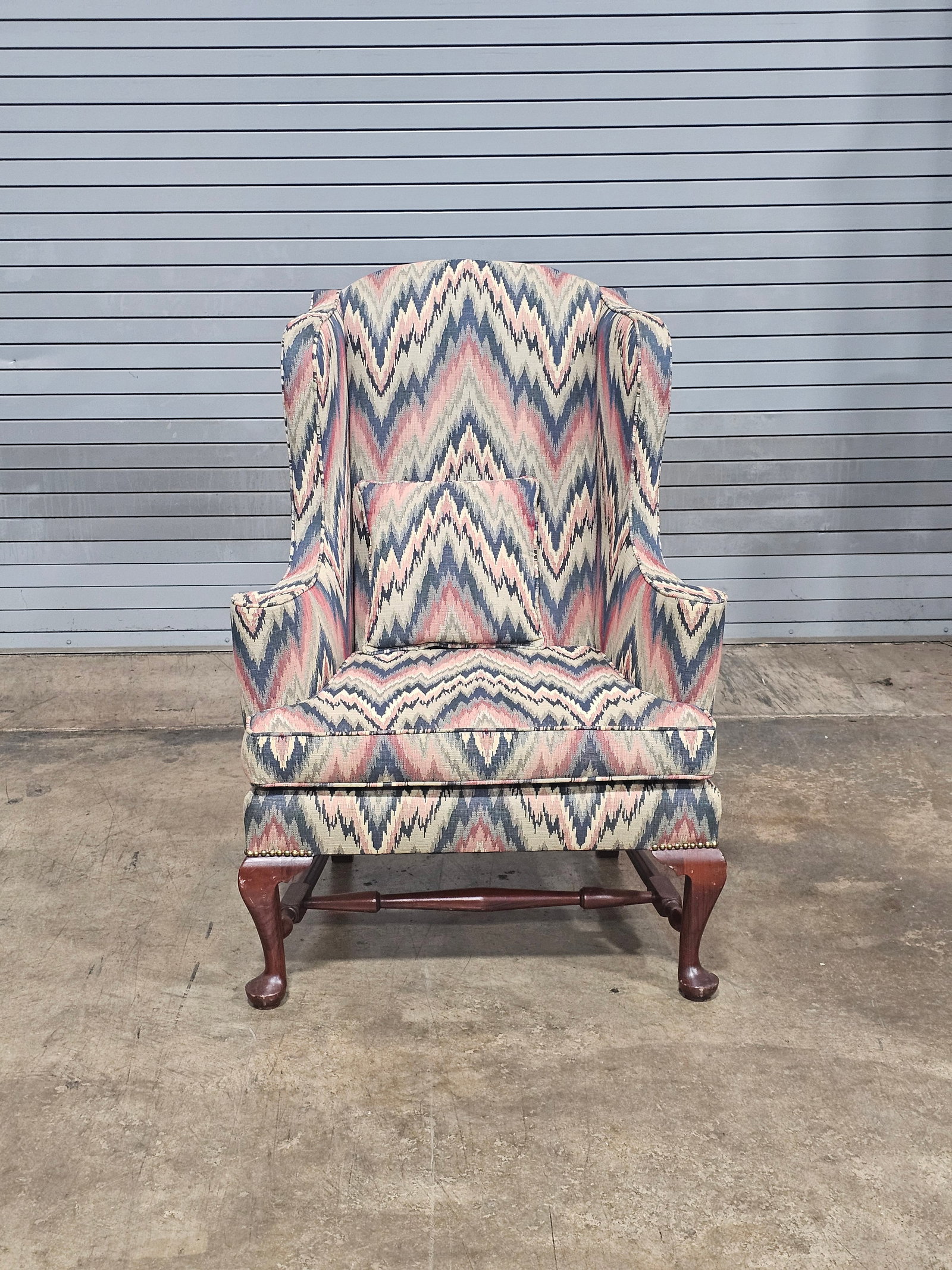 Mahogany Williamsburg Queen Anne Style Wing Back Chair New Flame Stitch Fabric - 4